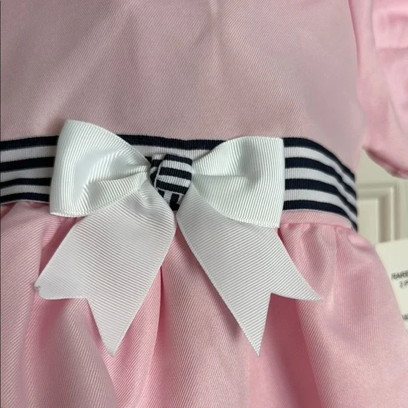 Rare Editions Pink Dress with Navy Striped Accents and Bow with matching hat - Picture 12 of 14